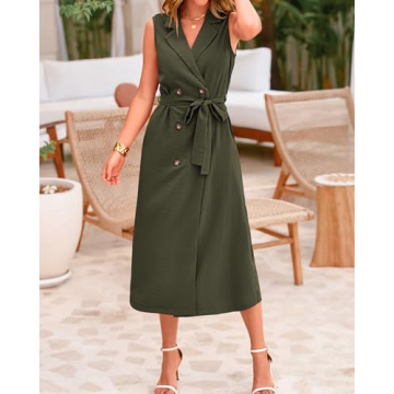 BTFBM Casual Business Dress 2024 Summer Work Office Lapel V Neck Slit Belted Sleeveless Button Down Dresses with Pockets