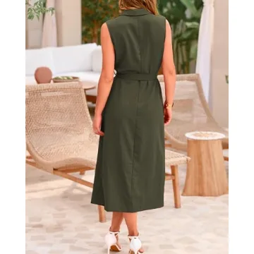 BTFBM Casual Business Dress 2024 Summer Work Office Lapel V Neck Slit Belted Sleeveless Button Down Dresses with Pockets