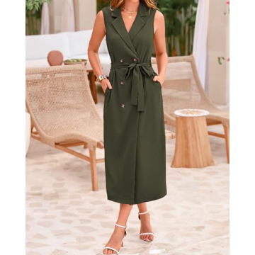 BTFBM Casual Business Dress 2024 Summer Work Office Lapel V Neck Slit Belted Sleeveless Button Down Dresses with Pockets