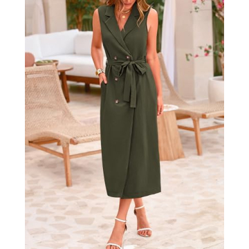 BTFBM Casual Business Dress 2024 Summer Work Office Lapel V Neck Slit Belted Sleeveless Button Down Dresses with Pockets
