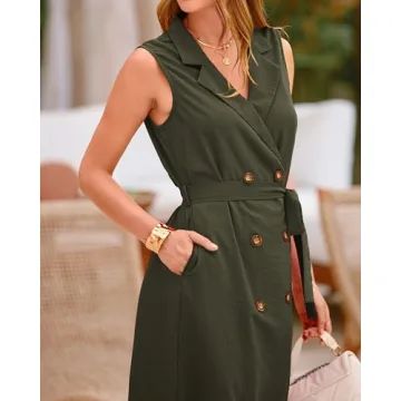 BTFBM Casual Business Dress 2024 Summer Work Office Lapel V Neck Slit Belted Sleeveless Button Down Dresses with Pockets