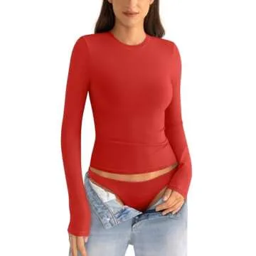 EasyGala Cotton Long Sleeve Shirts Women Crew Neck Slim Fit Basic Going Out Crop Y2k Outfits for Spring Fall Crewneck Tight Tops Fashion Trendy Undershirt Stretchy 2024 Red