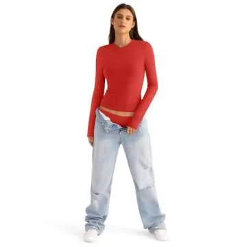 EasyGala Cotton Long Sleeve Shirts Women Crew Neck Slim Fit Basic Going Out Crop Y2k Outfits for Spring Fall Crewneck Tight Tops Fashion Trendy Undershirt Stretchy 2024 Red