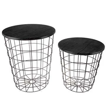 End Tables Set of 2 - Nesting Tables with Removable Wood Tops and Metal Basket Bases for Blanket Storage - Round Side Pieces for Living Room, Bedroom, or Home Office by Lavish Home (Black)