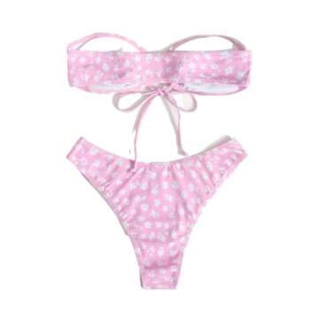 SOLY HUX Women's Floral Print Tie Front Bandeau Bikini Bathing Suit 2 Piece Swimsuits Pink S