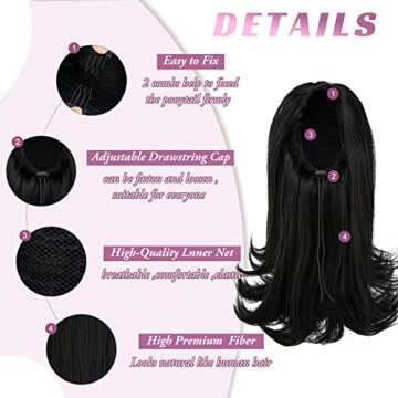 YUMOREAL Short Black Drawstring Ponytail Hair Extension for Black Women 14 Inch Straight Ponytail with End Curls Synthetic Fake Hairpieces