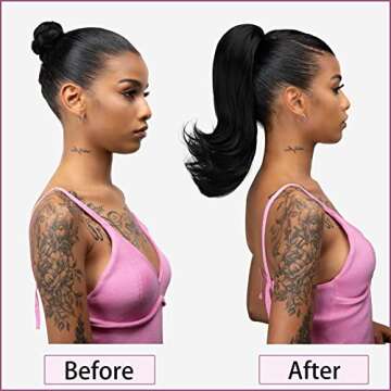 YUMOREAL Short Black Drawstring Ponytail Hair Extension for Black Women 14 Inch Straight Ponytail with End Curls Synthetic Fake Hairpieces