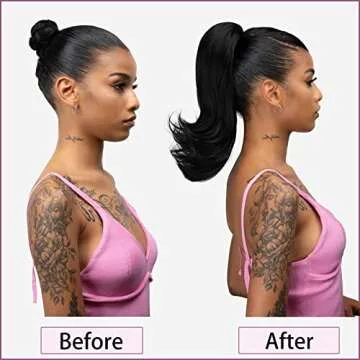 YUMOREAL Short Black Drawstring Ponytail Hair Extension for Black Women 14 Inch Straight Ponytail with End Curls Synthetic Fake Hairpieces
