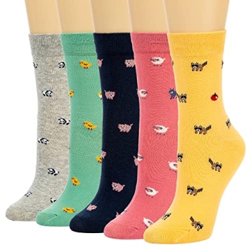 5 Pairs Women Crew Socks Casual Cute Cotton Animal Socks Long Ankle Socks Design Gifts for Women Gir...