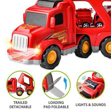 JOYIN 6PC Transport Carrier Truck with 5 Fire Rescue Diecast Vehicle Toys, Car Toy Set with Light an...