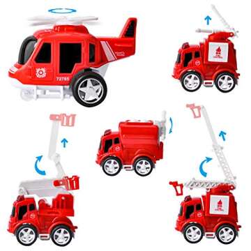 JOYIN 6PC Transport Carrier Truck with 5 Fire Rescue Diecast Vehicle Toys, Car Toy Set with Light and Sounds, Friction Powered Play Vehicles and Car Carrier Trailer