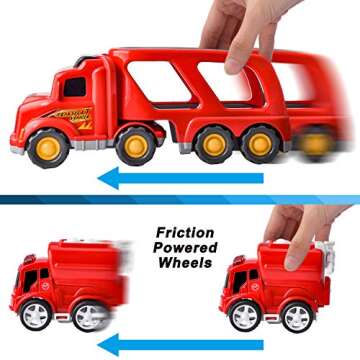 JOYIN 6PC Transport Carrier Truck with 5 Fire Rescue Diecast Vehicle Toys, Car Toy Set with Light and Sounds, Friction Powered Play Vehicles and Car Carrier Trailer