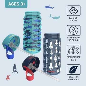 Bentgo Kids Water Bottle 2-Pack - Leak-Proof, Durable Tritan, BPA-Free 15 oz. Cup for Kids/Toddlers Ages 3+, Safe Sip Spout, & Dishwasher Safe for School/Sports/Daycare/Camp (Rocket/Shark)