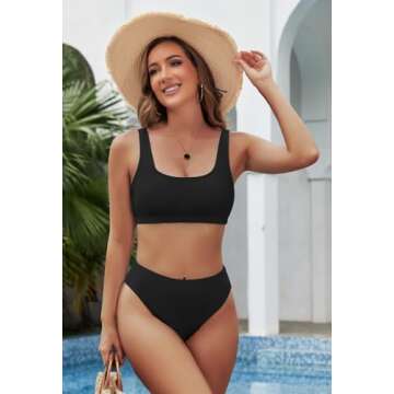 Pink Queen Women's Crop Top Scoop Neck High Waist Two Piece Swimsuit M Black.