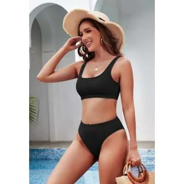 Pink Queen Women's Crop Top Scoop Neck High Waist Two Piece Swimsuit M Black.