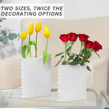 Set of 2 Ceramic Book vase for Flowers 8 and 7 inch Tall - Exquisitely Crafted for Unique Home Book Decor Accents - Elegant and Stylish Literary Inspired book flower vase - Ideal Gifts for Book Lovers