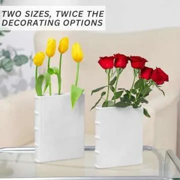Set of 2 Ceramic Book vase for Flowers 8 and 7 inch Tall - Exquisitely Crafted for Unique Home Book Decor Accents - Elegant and Stylish Literary Inspired book flower vase - Ideal Gifts for Book Lovers