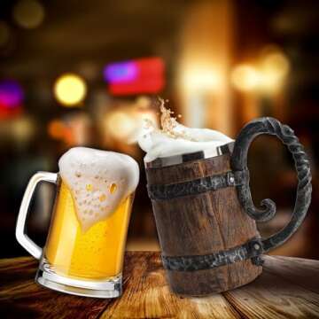Kndatle Handmade Wooden Barrel Beer Mug, Bucket Shaped Drinkware with Handle, Stainless Steel Double...