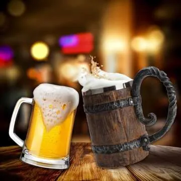 Kndatle Handmade Wooden Barrel Beer Mug, Bucket Shaped Drinkware with Handle, Stainless Steel Double...