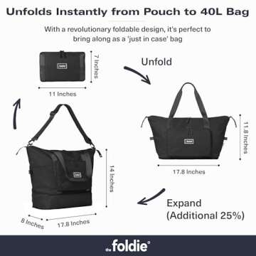 The Foldie® Foldable Travel Bag for Women [LARGE CAPACITY] - Packable & Expandable Tote Bag with Zipper for Travel