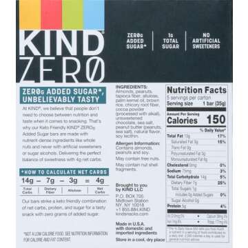 KIND ZERO Added Sugar Bars, Keto Snack, Dark Chocolate Nuts and Sea Salt, Good Source of Fiber, Gluten Free, Low Sugar, 5g Protein, 5 Count