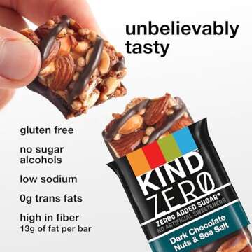 KIND ZERO Added Sugar Bars, Keto Snack, Dark Chocolate Nuts and Sea Salt, Good Source of Fiber, Gluten Free, Low Sugar, 5g Protein, 5 Count