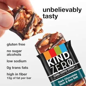 KIND ZERO Added Sugar Bars, Keto Snack, Dark Chocolate Nuts and Sea Salt, Good Source of Fiber, Gluten Free, Low Sugar, 5g Protein, 5 Count