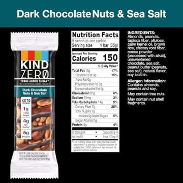 KIND ZERO Added Sugar Bars, Keto Snack, Dark Chocolate Nuts and Sea Salt, Good Source of Fiber, Gluten Free, Low Sugar, 5g Protein, 5 Count