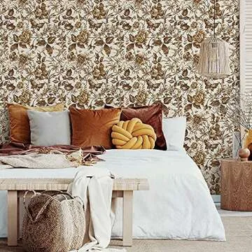 funlife Ash Gold Floral Wallpaper Peel and Stick, Rose Wallpaper Vintage, Textured PVC Monochrome Sketch Wall Mural Contact Paper, Wall Art Decor Sticker for Bedroom Living Room, 15.7" x 98.4"