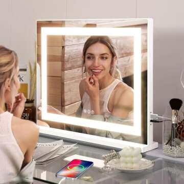 COOLJEEN Vanity Mirror with Lights, 23" x 18" LED Makeup Mirror, Lighted Makeup Mirror with 3 Color Modes, Detachable 10x Magnification and USB Charging, Tabletop & Wall-Mounted