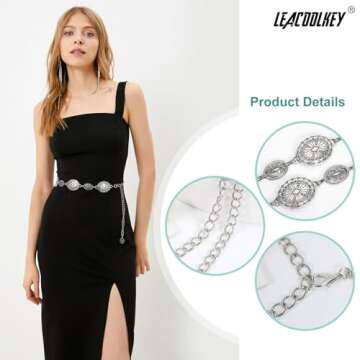 LEACOOLKEY Women Silver Western Concho Chain Belt Boho Metal Western Cowgirl Chain Belt for Dress Adjustable