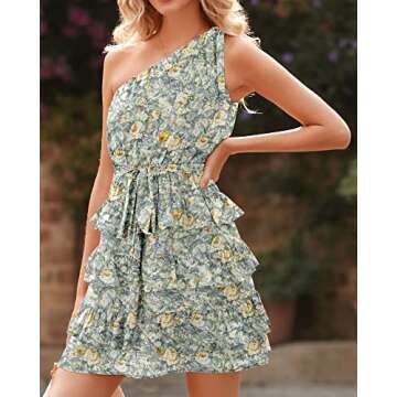 BTFBM 2024 Women One Shoulder Casual Summer Dresses Floral Boho High Waist Beach Ruffle Tiered A Line Flowy Mini Dress(Floral Green, Small)