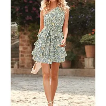 BTFBM 2024 Women One Shoulder Casual Summer Dresses Floral Boho High Waist Beach Ruffle Tiered A Line Flowy Mini Dress(Floral Green, Small)