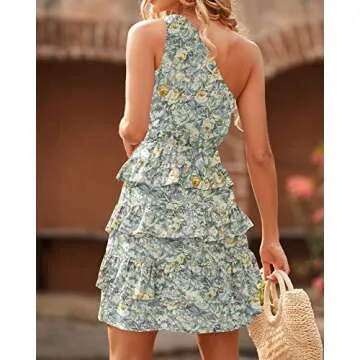 BTFBM 2024 Women One Shoulder Casual Summer Dresses Floral Boho High Waist Beach Ruffle Tiered A Line Flowy Mini Dress(Floral Green, Small)