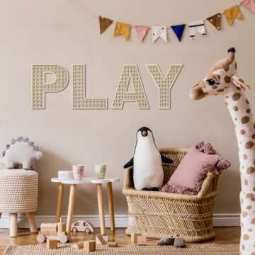 Play Sign for Playroom Wall Decor Wooden Playroom Sign 12 Inch Large Rattan Letters for Play Room Wall Decor Boho Nursery Wood Word Sign for Toddler Girls Boys Kids Bedroom Decorations