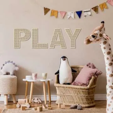 Play Sign for Playroom Wall Decor Wooden Playroom Sign 12 Inch Large Rattan Letters for Play Room Wall Decor Boho Nursery Wood Word Sign for Toddler Girls Boys Kids Bedroom Decorations