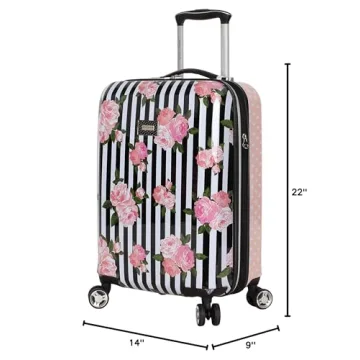 Betsey Johnson Designer 20 Inch Carry On - Expandable (ABS + PC) Hardside Luggage - Lightweight Durable Suitcase With 8-Rolling Spinner Wheels for Women (Stripe Roses)