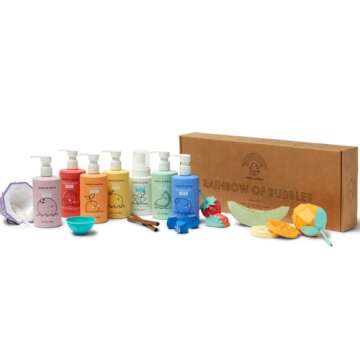 Dabble & Dollop Rainbow of Bubbles, Natural Bath, Body Wash, Shampoo & Conditioner for Kids, USA-Made, Paraben & Sulfate Free, Vegan, Gluten-Free, Tear-Free, (Set of 7)