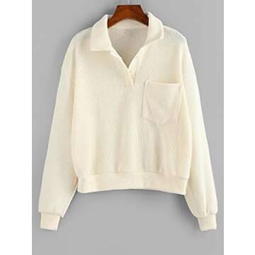 ZAFUL Women's Half Button Drop Shoulder Pocket Pullover Knitted Crop Sweater Jumper Tops White