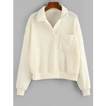 ZAFUL Women's Half Button Drop Shoulder Pocket Pullover Knitted Crop Sweater Jumper Tops White