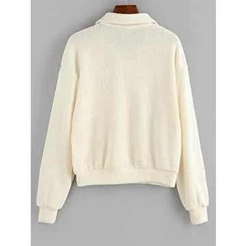 ZAFUL Women's Half Button Drop Shoulder Pocket Pullover Knitted Crop Sweater Jumper Tops White