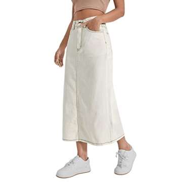 SweatyRocks Women's High Waist Split Hem Midi Denim Skirt Straight Hem Jean Skirts with Pockets Beige S