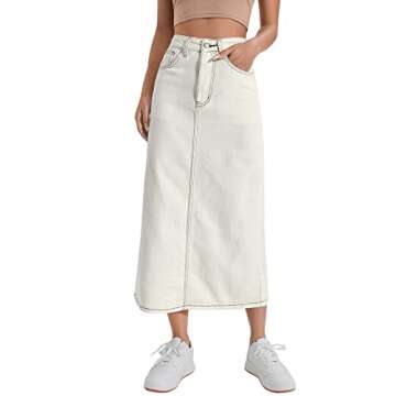 SweatyRocks Women's High Waist Split Hem Midi Denim Skirt Straight Hem Jean Skirts with Pockets Beige S