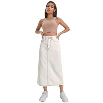 SweatyRocks Women's High Waist Split Hem Midi Denim Skirt Straight Hem Jean Skirts with Pockets Beige S