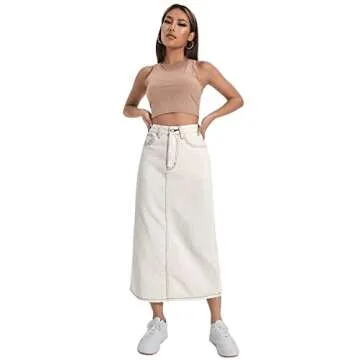 SweatyRocks Women's High Waist Split Hem Midi Denim Skirt Straight Hem Jean Skirts with Pockets Beige S