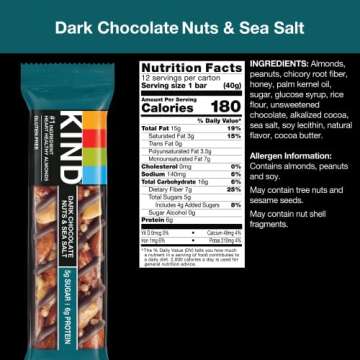 KIND Healthy Snack Bar, Dark Chocolate Nuts & Sea Salt, 5g Sugar | 6g Protein, Gluten Free Bars, 1.4 OZ, 24 Count