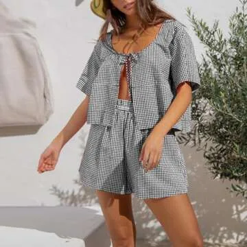 KOSUSANILL Y2k Pajamas Set Women 2 Piece Tie Front Plaid Gingham Short Sleeve Blouse Top Preppy Sleep Lounge Pj Shorts Outfit