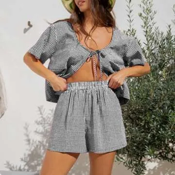 KOSUSANILL Y2k Pajamas Set Women 2 Piece Tie Front Plaid Gingham Short Sleeve Blouse Top Preppy Sleep Lounge Pj Shorts Outfit