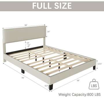 Fluest Full Bed Frame Upholstered Bed Frame Platform with Adjustable Headboard Linen Fabric Headboar...