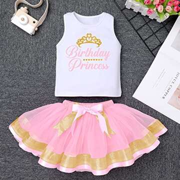 Toddler Kid Baby Girl 1/2/3/4/5/6 Year Old Birthday Party Dress Sleeveless Printed Vest Tops+Princess Tulle Tutu Skirt+Flower Crown Outfit Summer Clothes Cake Smash Photography Pink 2-3 Years